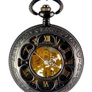 NIB - Tirio Antique Magic Roman Half Hunter Black Steel Hollow Skeleton …